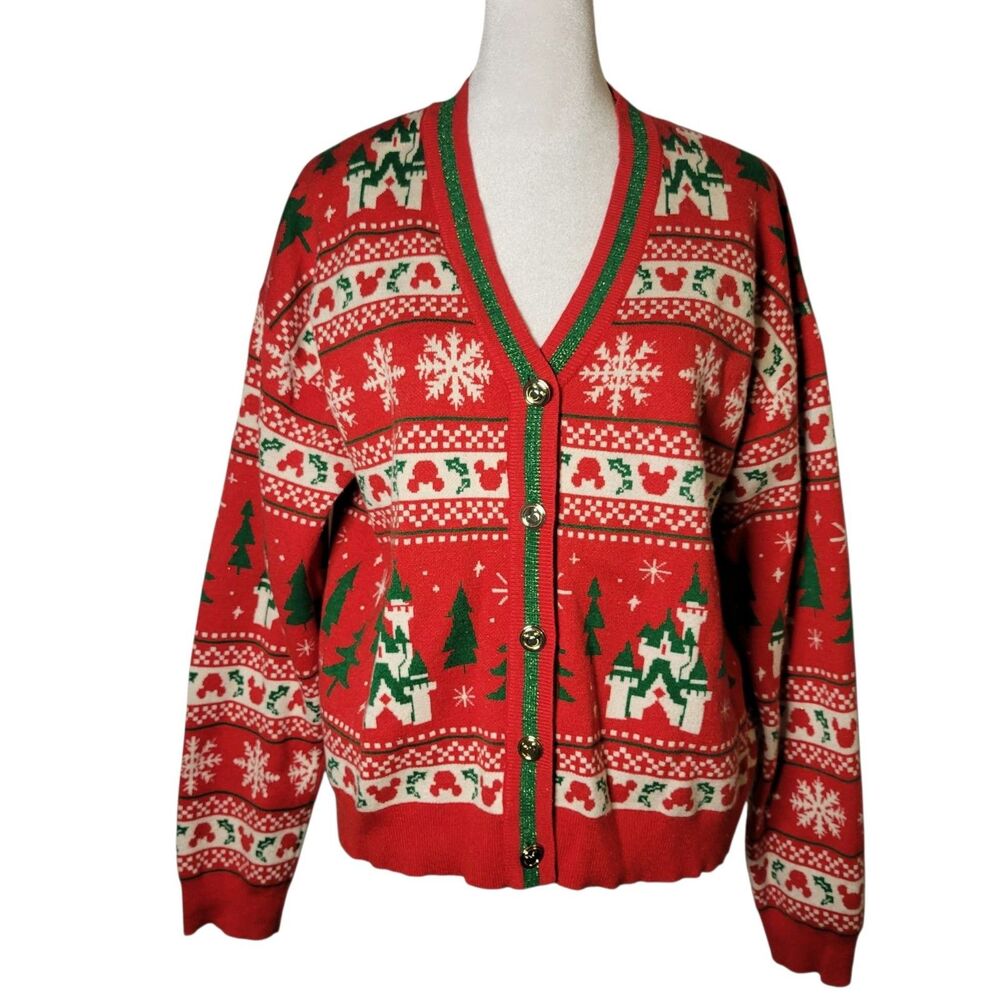 Disney Parks Holiday Christmas Castle Cardigan Sweater M Fair Isle Mickey Whimsy